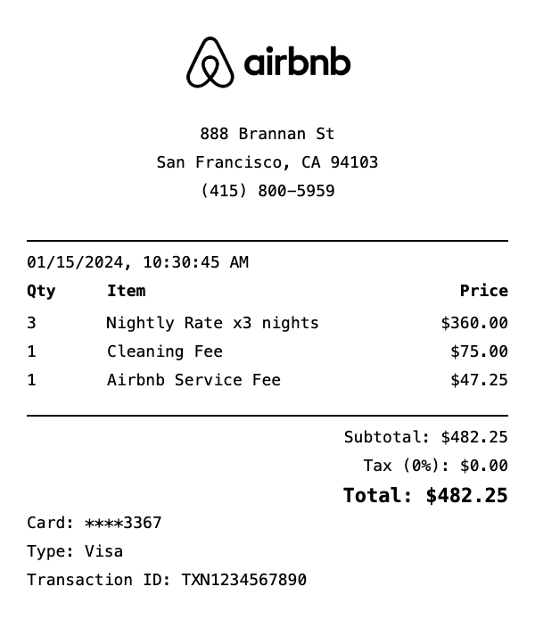 Professional Airbnb receipt template preview showing authentic receipt format with itemized products, prices, tax calculations, and payment details
