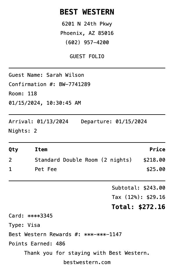 Professional Best Western receipt template preview showing authentic receipt format with itemized products, prices, tax calculations, and payment details