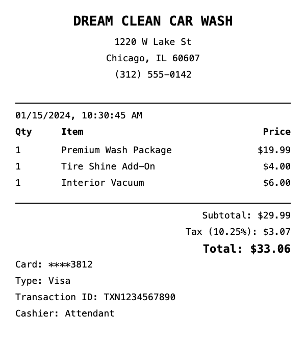 Professional Car Wash receipt template preview showing authentic receipt format with itemized products, prices, tax calculations, and payment details
