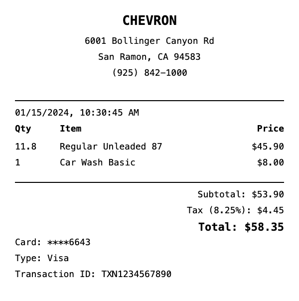 Professional Chevron receipt template preview showing authentic receipt format with itemized products, prices, tax calculations, and payment details