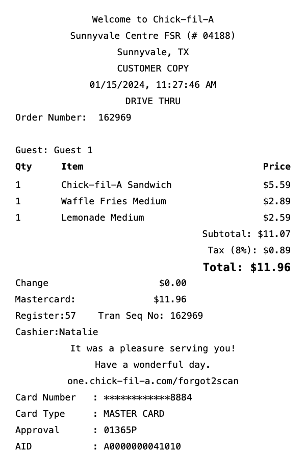 Chick-fil-A Receipt