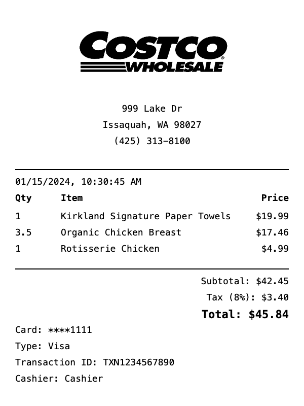 Professional Costco receipt template preview showing authentic receipt format with itemized products, prices, tax calculations, and payment details