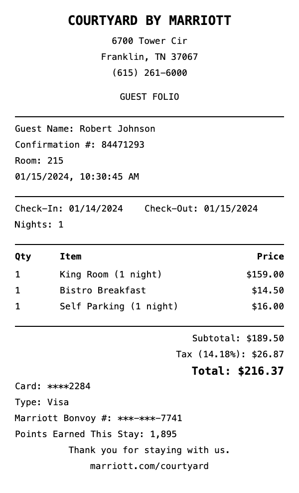 Professional Courtyard by Marriott receipt template preview showing authentic receipt format with itemized products, prices, tax calculations, and payment details