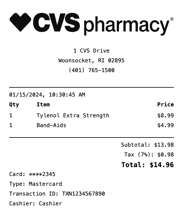 Professional CVS receipt template preview showing authentic receipt format with itemized products, prices, tax calculations, and payment details