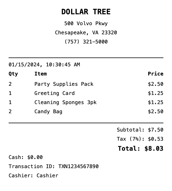 Professional Dollar Tree receipt template preview showing authentic receipt format with itemized products, prices, tax calculations, and payment details