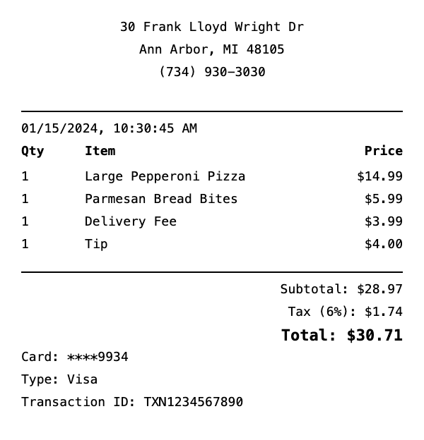 Professional Domino's receipt template preview showing authentic receipt format with itemized products, prices, tax calculations, and payment details