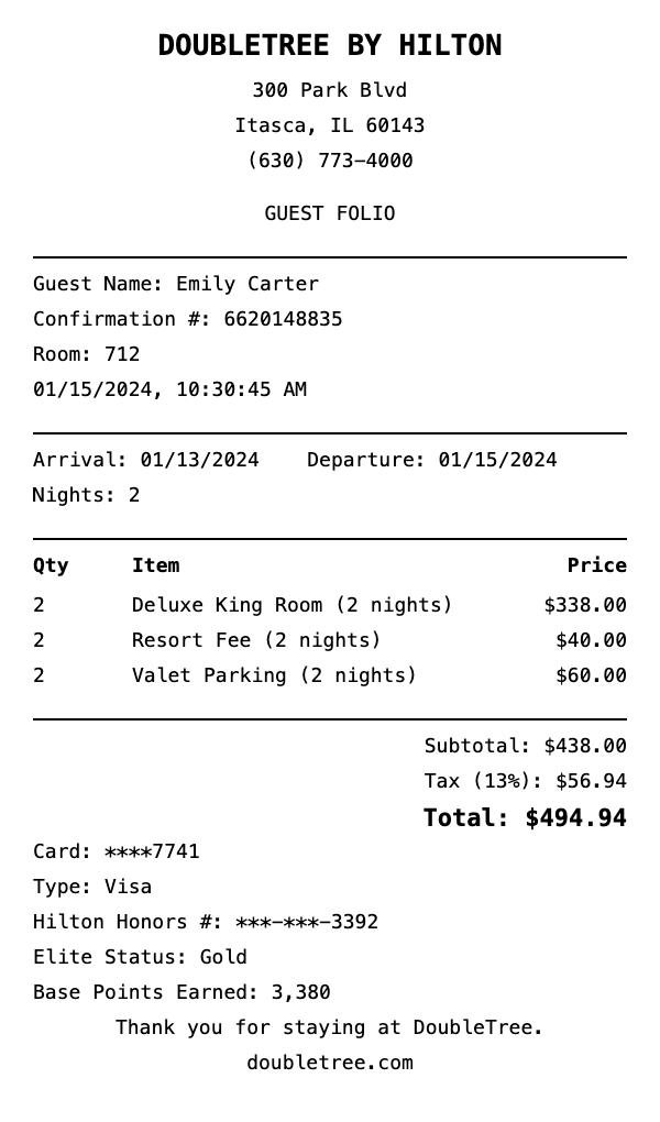 Professional DoubleTree receipt template preview showing authentic receipt format with itemized products, prices, tax calculations, and payment details