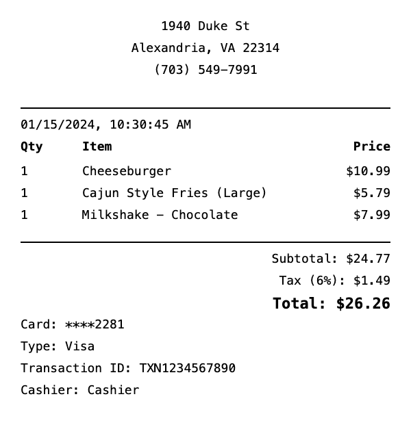 Professional Five Guys receipt template preview showing authentic receipt format with itemized products, prices, tax calculations, and payment details