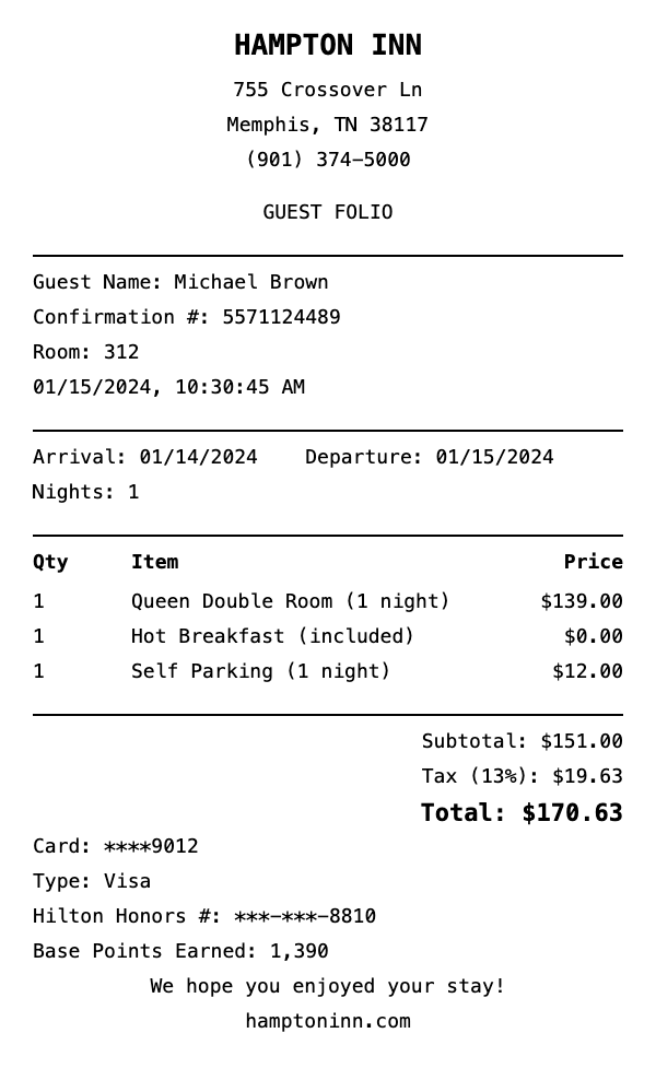 Professional Hampton Inn receipt template preview showing authentic receipt format with itemized products, prices, tax calculations, and payment details