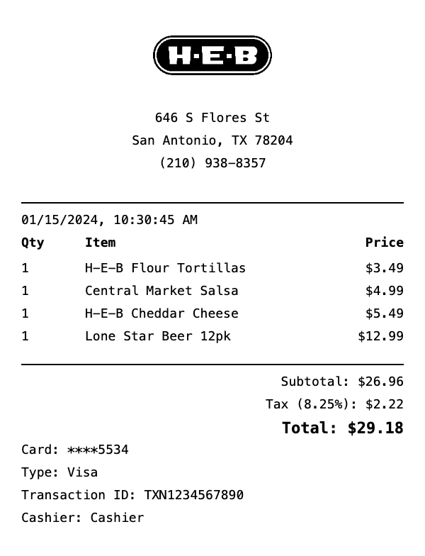 Professional H-E-B receipt template preview showing authentic receipt format with itemized products, prices, tax calculations, and payment details