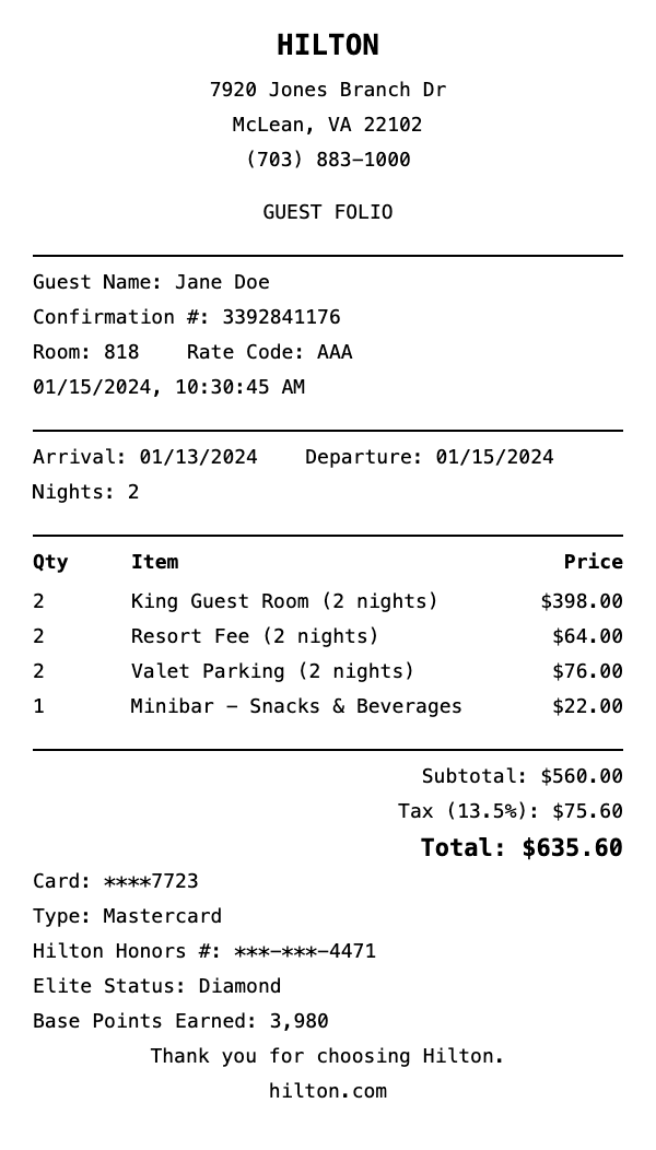 Professional Hilton receipt template preview showing authentic receipt format with itemized products, prices, tax calculations, and payment details