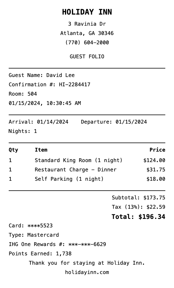Professional Holiday Inn receipt template preview showing authentic receipt format with itemized products, prices, tax calculations, and payment details