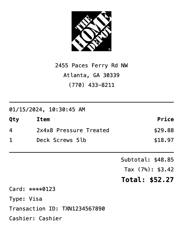 Home Depot Receipt