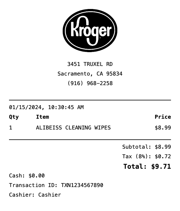 Professional Kroger receipt template preview showing authentic receipt format with itemized products, prices, tax calculations, and payment details