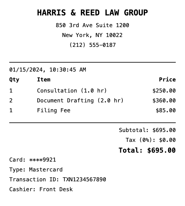 Professional Legal Services receipt template preview showing authentic receipt format with itemized products, prices, tax calculations, and payment details