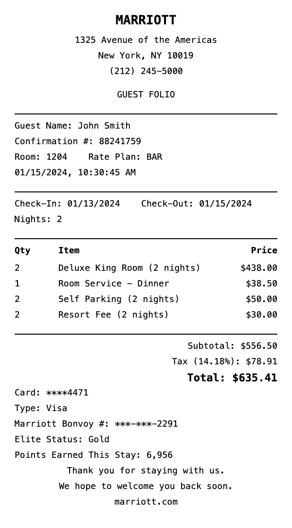 Professional Marriott receipt template preview showing authentic receipt format with itemized products, prices, tax calculations, and payment details