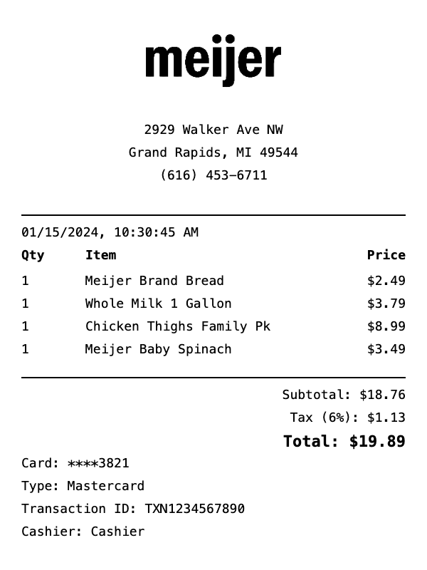 Professional Meijer receipt template preview showing authentic receipt format with itemized products, prices, tax calculations, and payment details