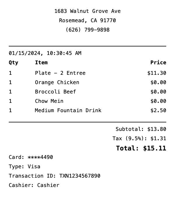 Professional Panda Express receipt template preview showing authentic receipt format with itemized products, prices, tax calculations, and payment details