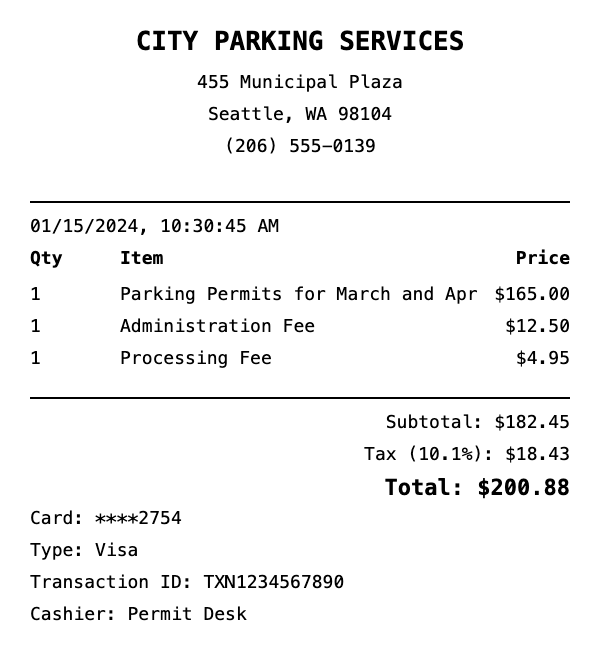 Professional Parking Permit receipt template preview showing authentic receipt format with itemized products, prices, tax calculations, and payment details