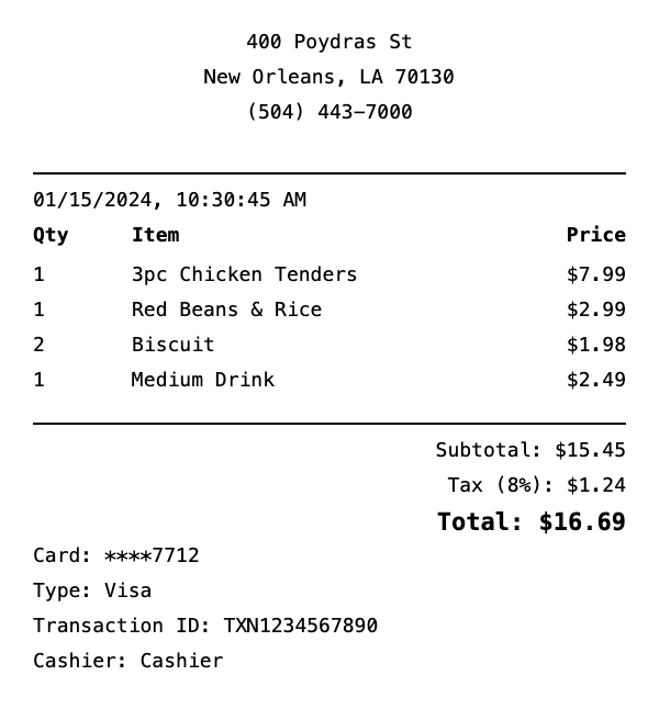 Professional Popeyes receipt template preview showing authentic receipt format with itemized products, prices, tax calculations, and payment details