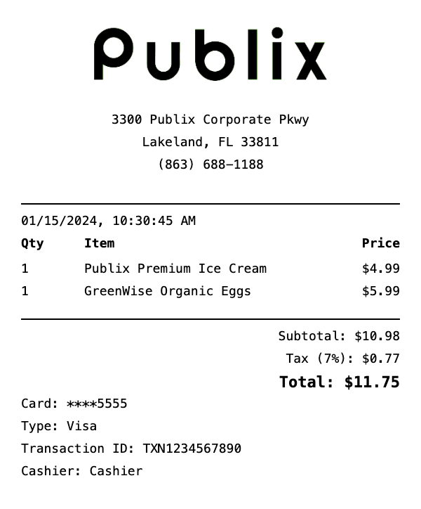 Professional Publix receipt template preview showing authentic receipt format with itemized products, prices, tax calculations, and payment details