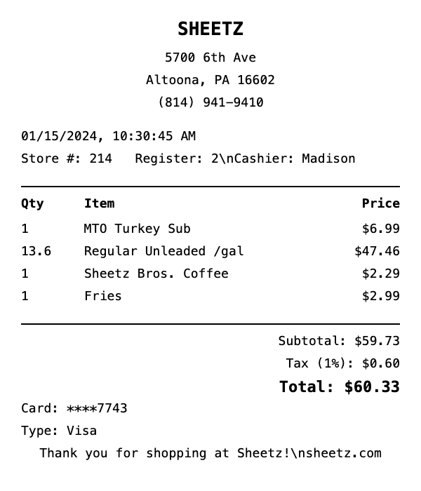 Professional Sheetz receipt template preview showing authentic receipt format with itemized products, prices, tax calculations, and payment details