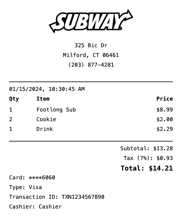 Subway Receipt