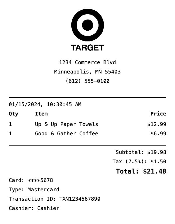 Professional Target receipt template preview showing authentic receipt format with itemized products, prices, tax calculations, and payment details