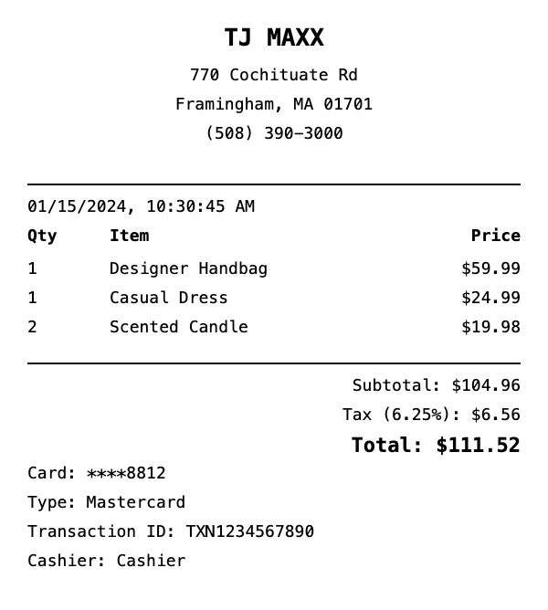 Professional TJ Maxx receipt template preview showing authentic receipt format with itemized products, prices, tax calculations, and payment details