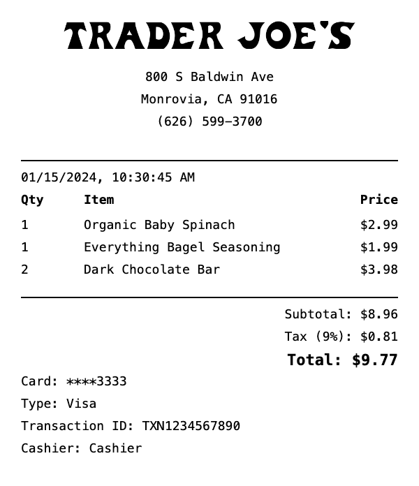 Professional Trader Joe's receipt template preview showing authentic receipt format with itemized products, prices, tax calculations, and payment details