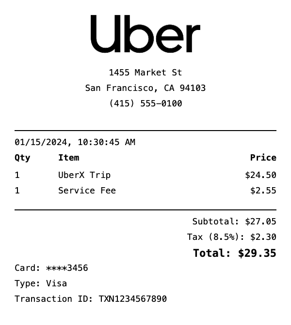 Professional Uber receipt template preview showing authentic receipt format with itemized products, prices, tax calculations, and payment details