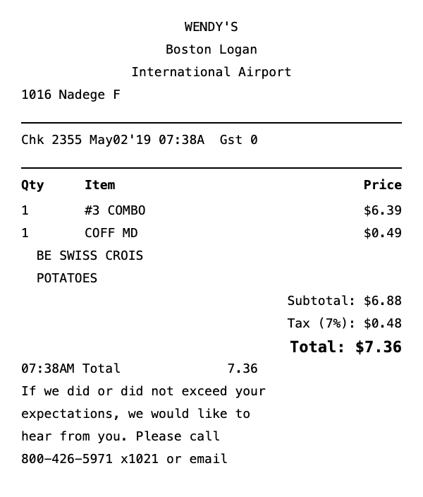 Wendy's Receipt